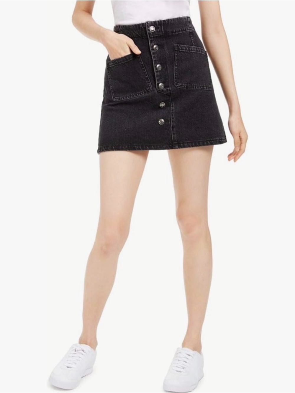 OAT New York Black Denim Button -Front Mini Skirt